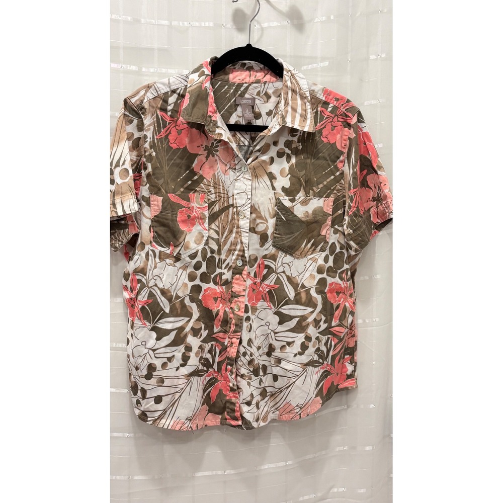 Chicos Tropical Floral Animal Print Button Front Shirt Pink Olive Green Size 3